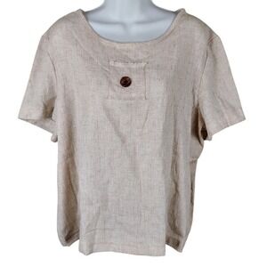 Lucia‎ Tan Flax Blend Short Sleeve Frayed Pocket Blouse Top 18 lagenlook earthy